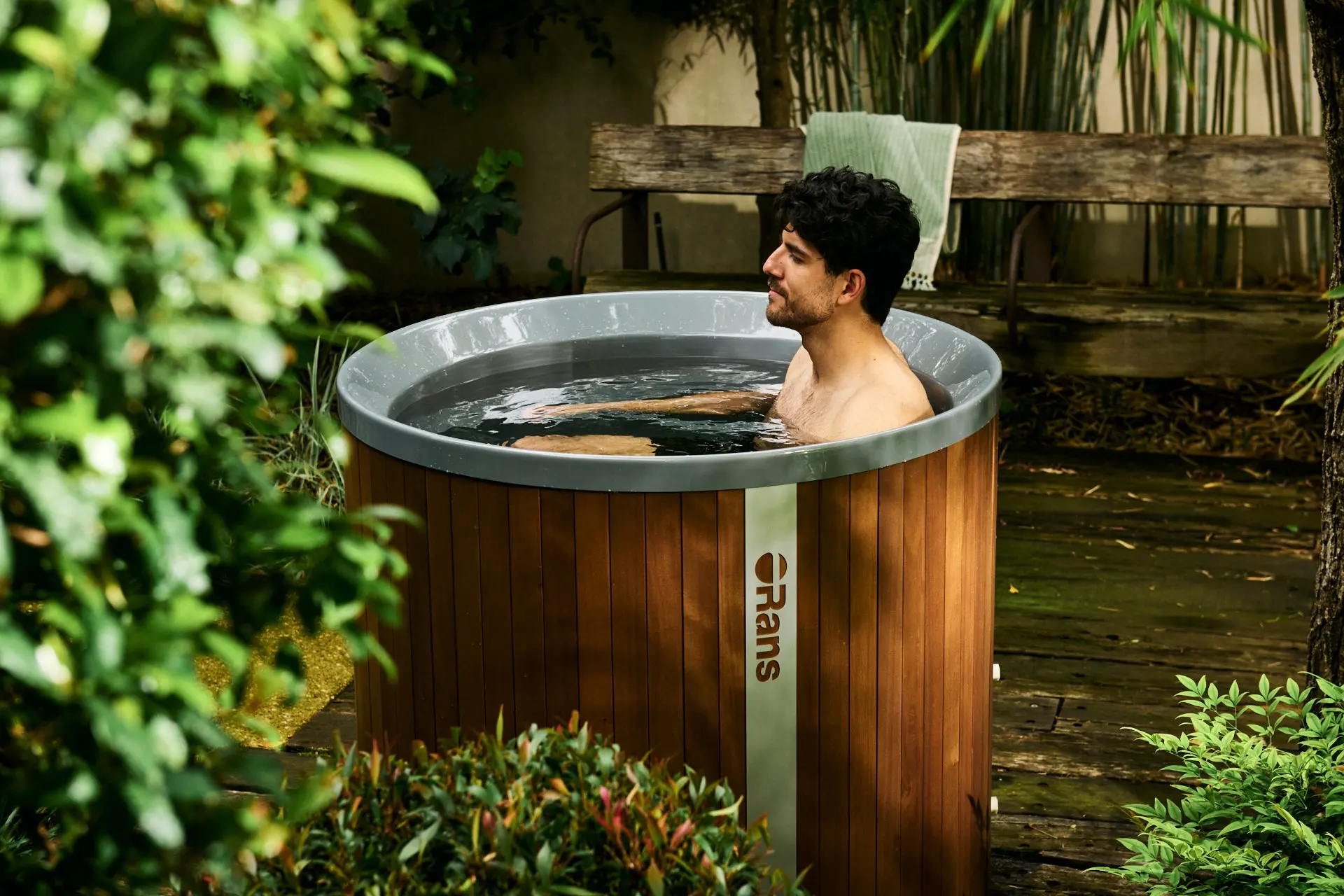 Orans stainless steel ice bath set in a garden